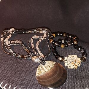 Elegant Black and Brown Beaded Necklace and Bracelet Set